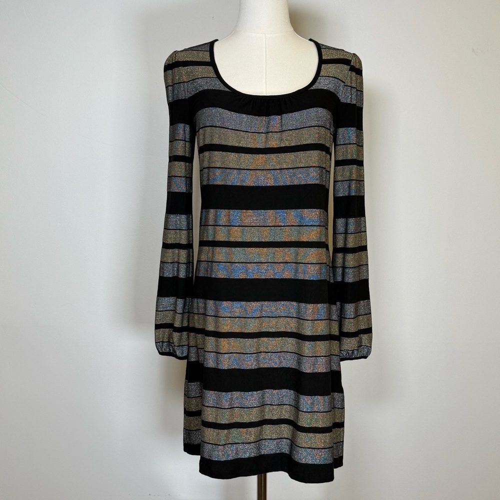 Three Dots Silver Gold Black Metallic Stripe Long Sleeve Dress Size Small